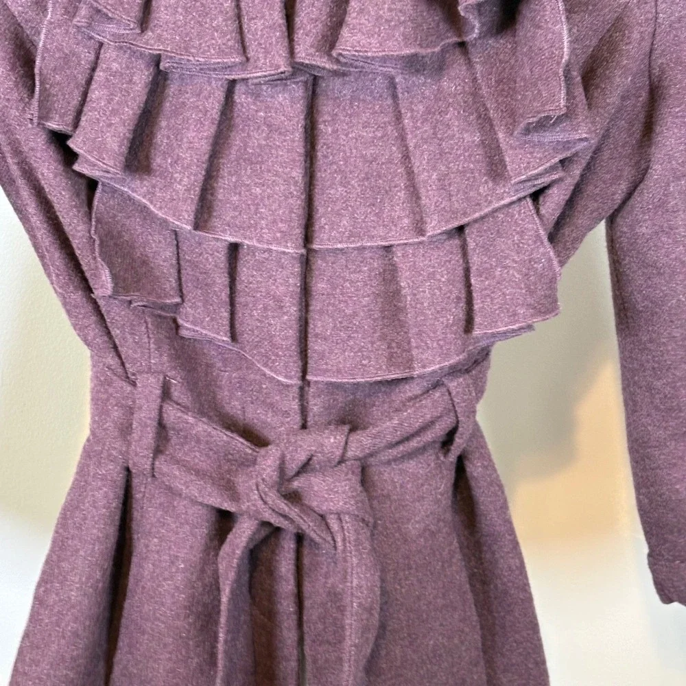 Tabitha Anthropologie Purple Wool Blend Ruffle Belted Jacket‎ Size 2 Snap Front